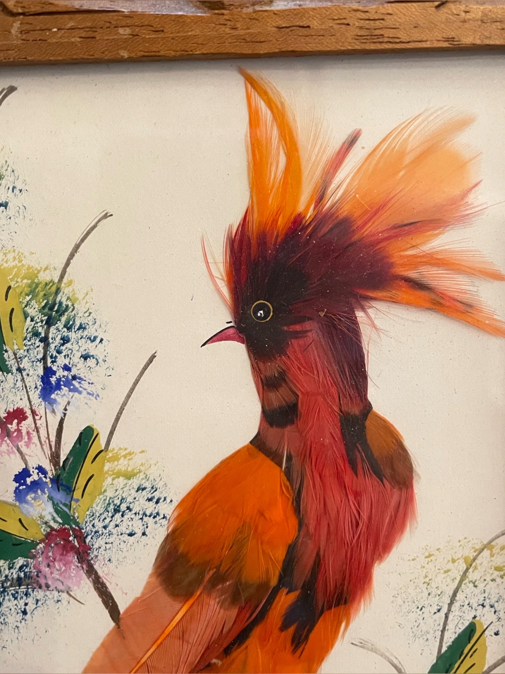 Vintage Mexican Feather Art Arte Plumaria Vibrant Red Tropical Bird Carved Frame - Picture 2 of 11